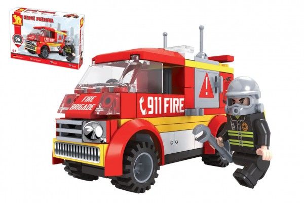 Kostky stavebnice Dromader auto hasiči 96 dílků v krabičce 22x15x5cm Teddies
