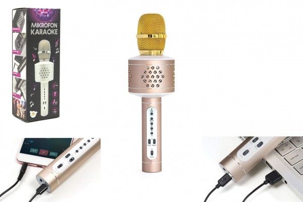 Mikrofon karaoke Bluetooth zlatý na baterie s USB kabelem v krabici 10x28x8