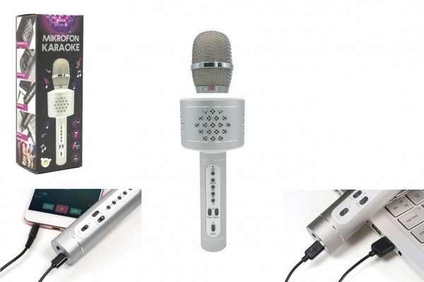 Mikrofon karaoke Bluetooth stříbrný na baterie s USB kabelem v krabici 10x28x8