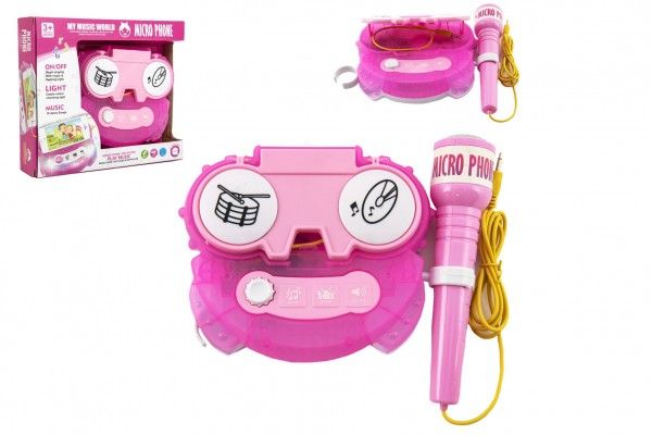 Mikrofon karaoke růžový plast na baterie se světlem v krabici 24x21x5