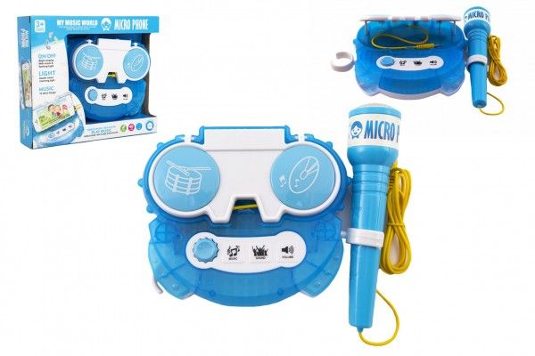 Mikrofon karaoke modrý plast na baterie se světlem v krabici 24x21x5