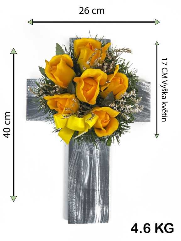 Kříž s umělou květinou ve žluté barvě