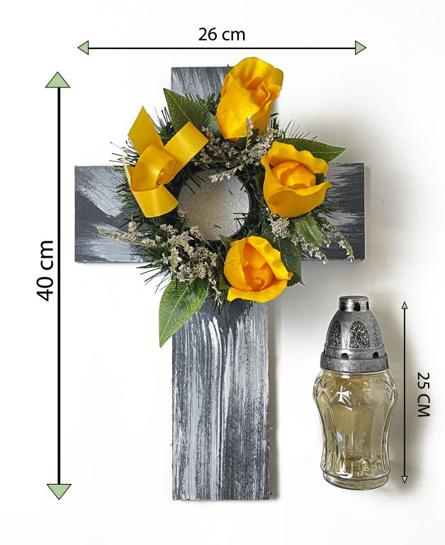 Kříž se svíčkou a umělou květinou ve žluté barvě Tuin