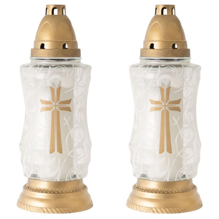 Skleněná lucerna se svíčkou - zlatý kříž