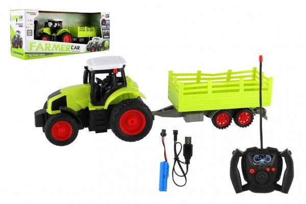Teddies Traktor RC s vlekem plast 38cm 27MHz + dobíjecí pack na baterie v krabici 45x19x13cm Teddies