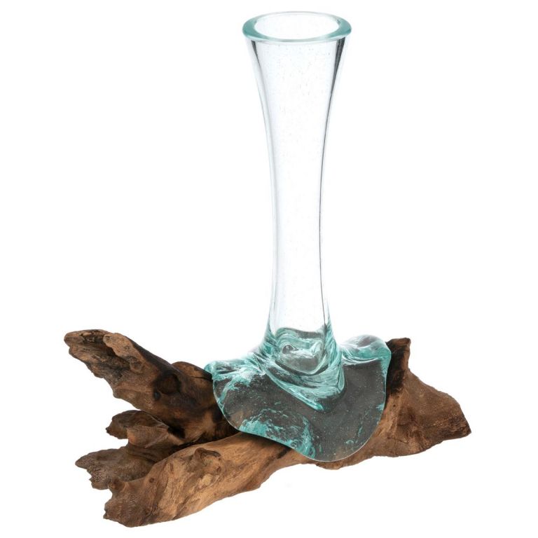 Foukaná skleněná váza na teakovém dřevě