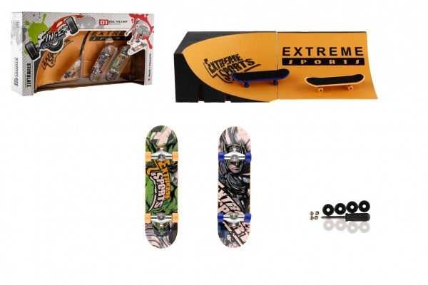 Skateboard prstový šroubovací 2ks plast 10cm s rampou s doplňky 2 barvy v krabičce 35x9x18cm Teddies
