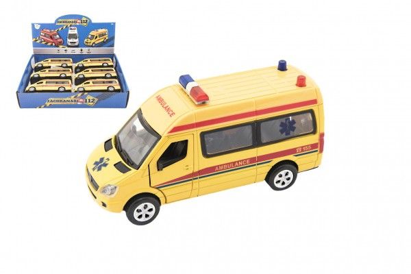 Teddies Auto ambulance kov/plast 15cm na baterie se světlem se zvukem na zpětné natažení 6ks v boxu Teddies