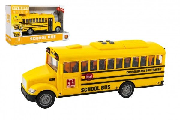 Autobus školní plast 27cm na setrvačník na baterie se světlem se zvukem v krabici 32x19x12cm Teddies