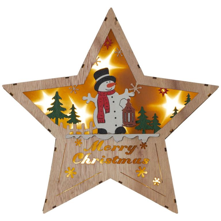Dřevěná hvězda s motivem sněhuláka