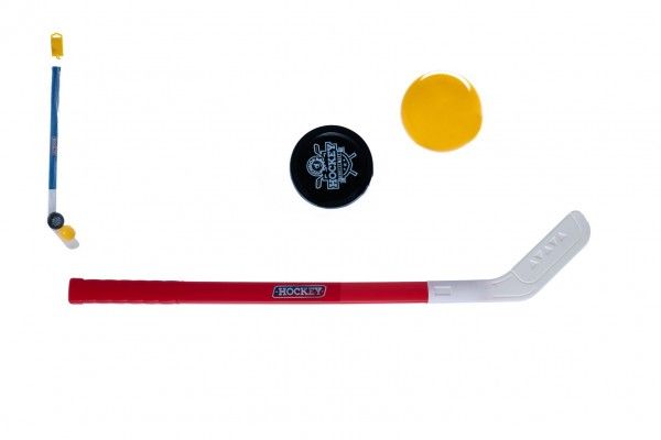 Hokejka plast 73cm s pukem a míčkem 2 barvy v síťce Teddies